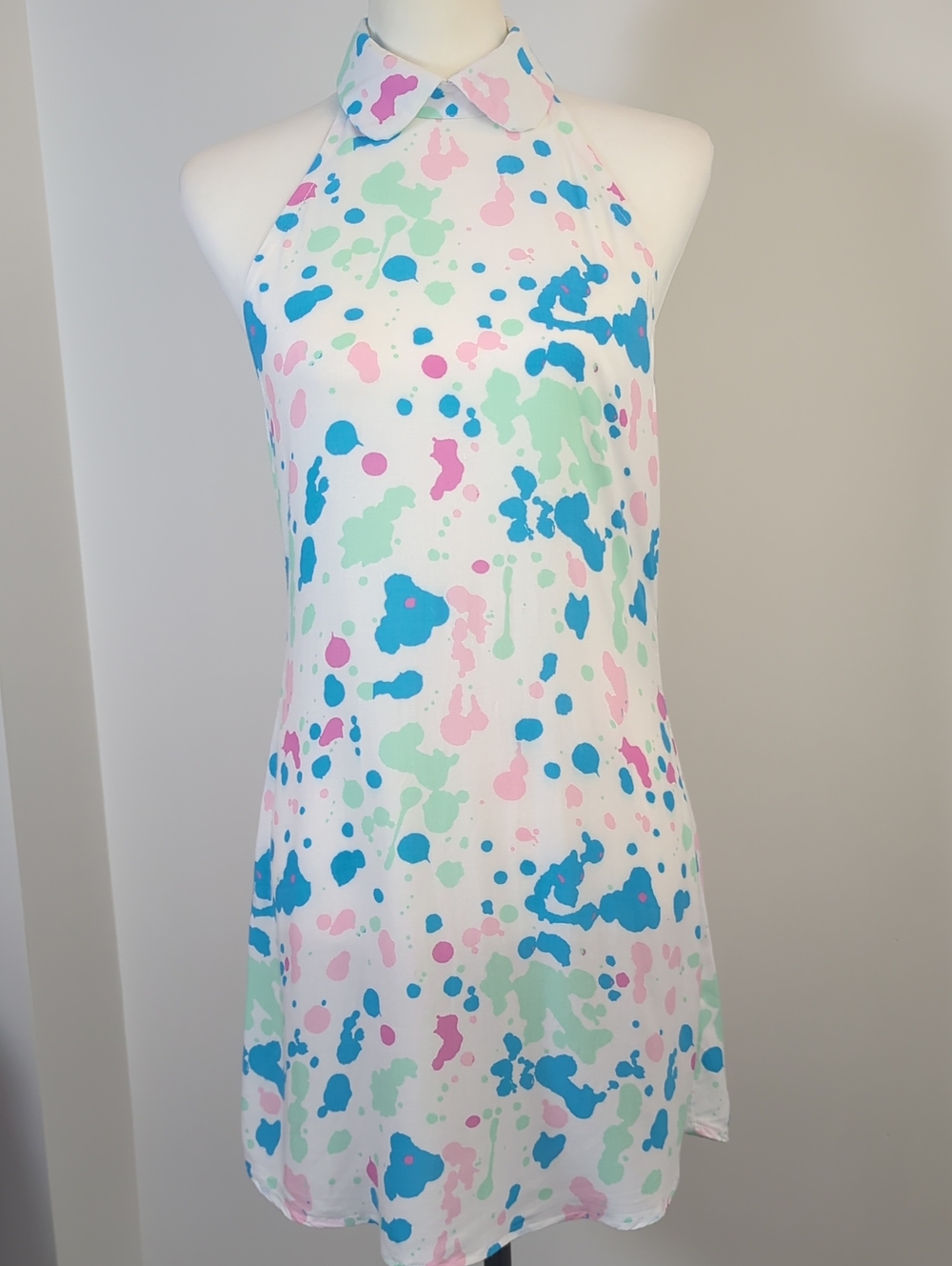 American Apparel Vintage Rayon Pastel Paint Splatter Backless Halter Dress SMALL